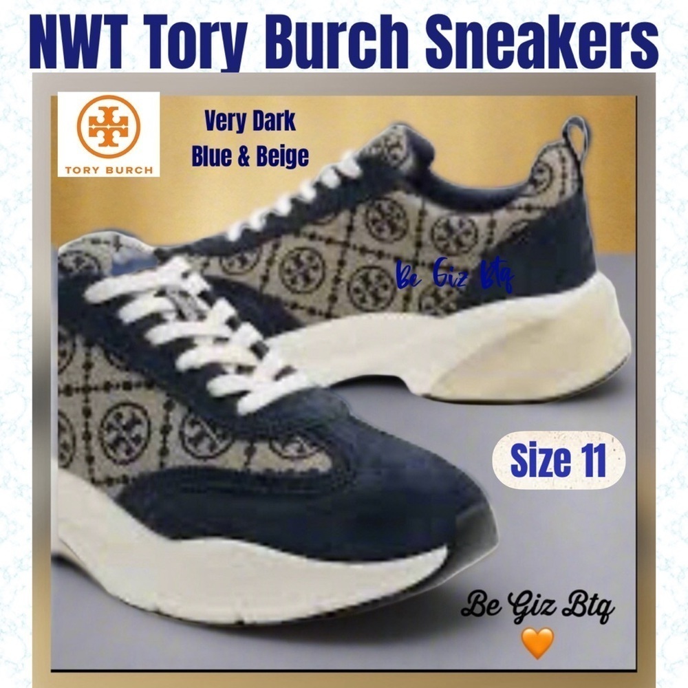 🔥🔥Authentic Tory Burch T Monogram Good Luck Sneakers M Navy Blue Monogram Size11